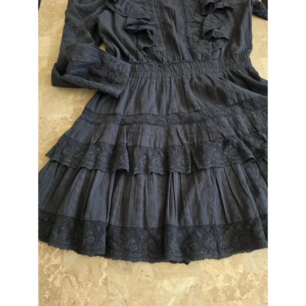 LoveShackFancy Black Lace Ruffle Mini Dress Long Sleeve Tiered Boho Womens Sz M - Picture 11 of 14